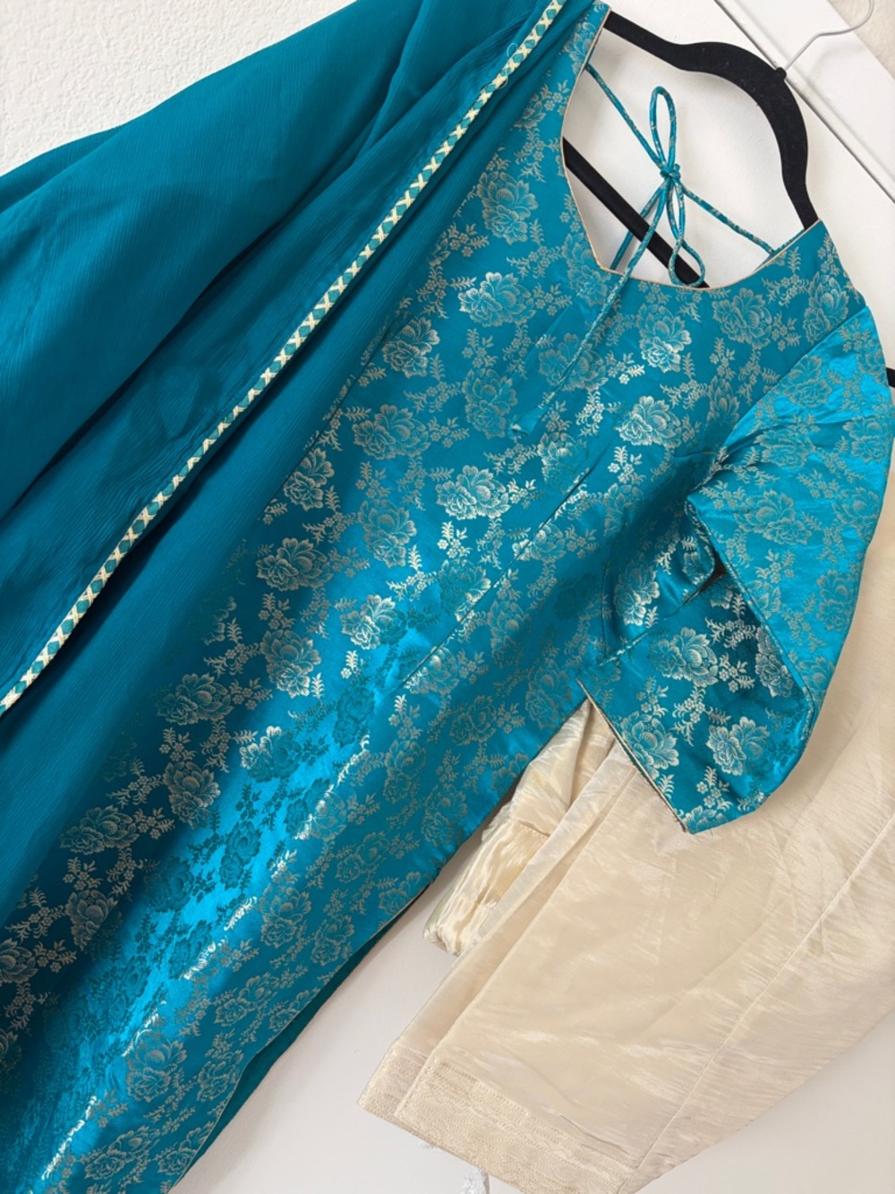 Teal Chikankari-Style Indian outfit Kameez with Cream Bottom 3 piece Indian suit